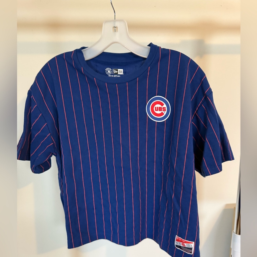 New Era Navy Tee with Red Pinstripes and Team Crest